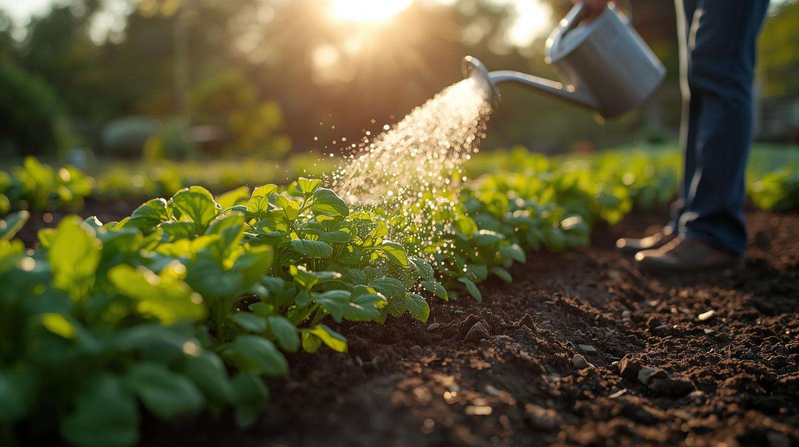 Gardener performing morning watering as part of essential daily gardening habits for optimal plant hydration.