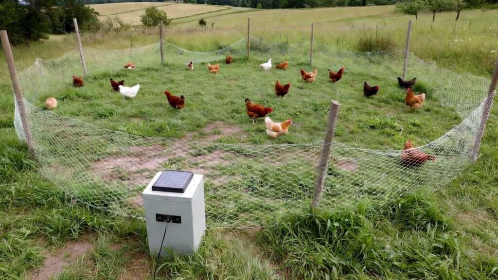 Portable electric poultry netting for rotational grazing protecting chickens from predators in permaculture system