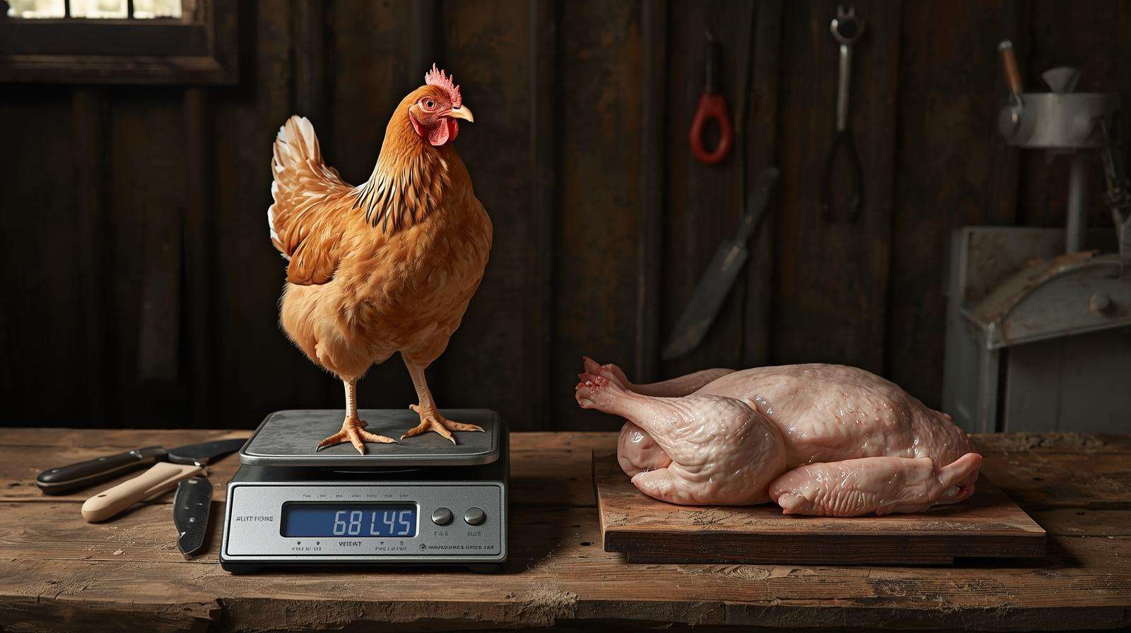 Cornish Cross live and dressed weight on scale – meat chicken economics processing