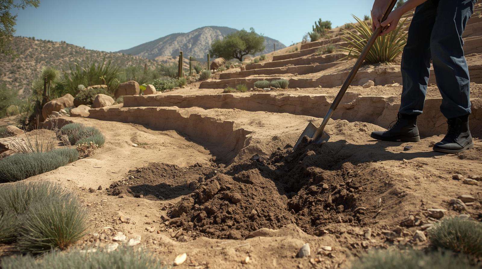 Amending soil with organic matter for better water retention in xeriscaping and dry gardening.