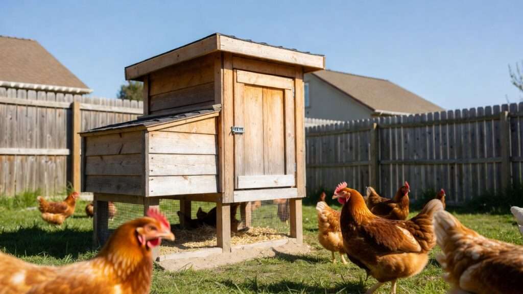 Permanent stationary chicken coop with secure run and healthy hens in suburban backyard setting