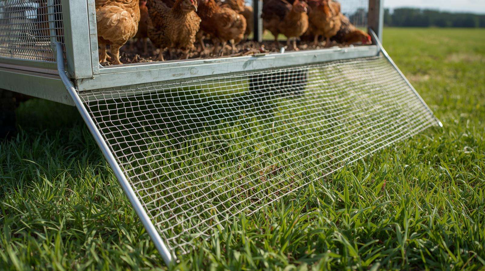 No-dig hardware cloth skirt on chicken tractor – preventing digging for chicken tractors on pasture