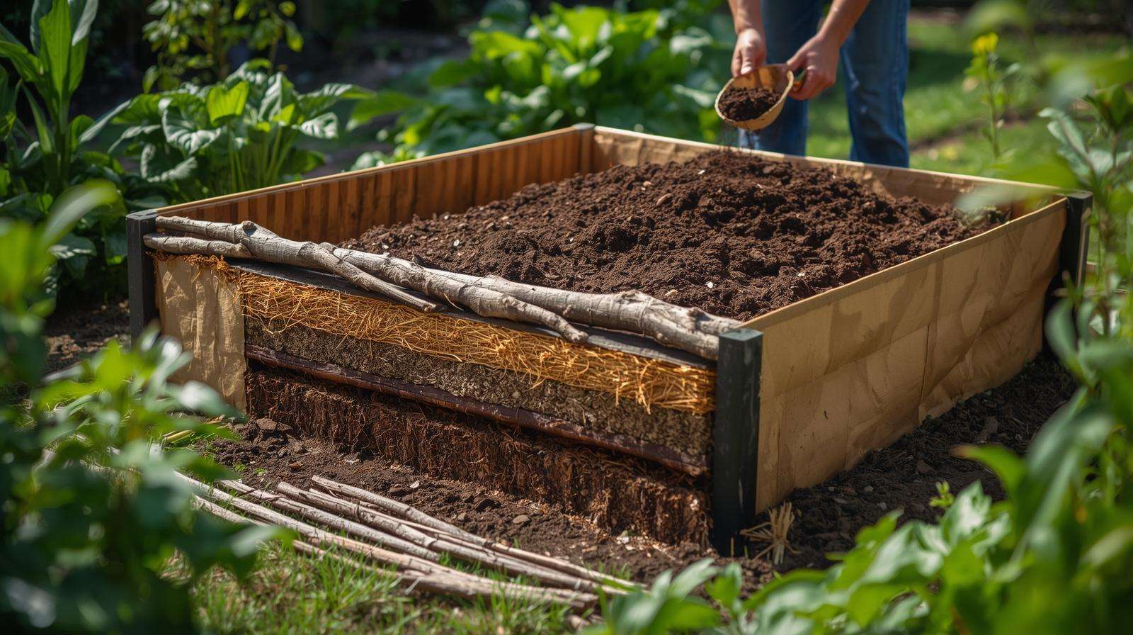Layered construction of raised garden bed with compost and topsoil for optimal soil life and plant growth.
