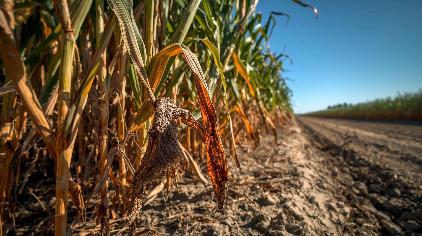 Advanced symptoms of heat-stressed corn plants with leaf scorching and wilting