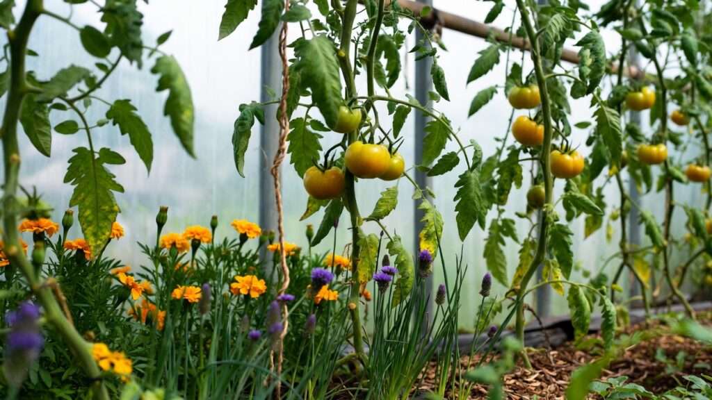 Companion planting in permaculture greenhouse: tomatoes with basil, marigolds, and chives for natural pest control and biodiversity