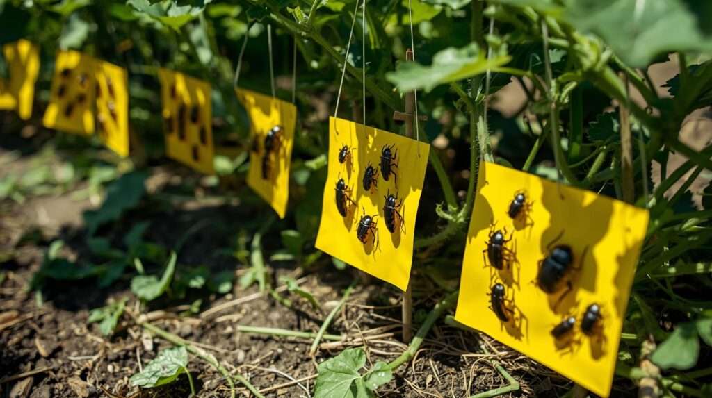 Yellow sticky traps capturing cucumber beetles in organic garden for natural pest management