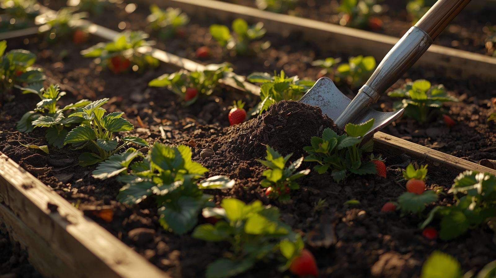 Fall cleanup in strawberry raised bed with compost amendments – prep for helping strawberries survive winter