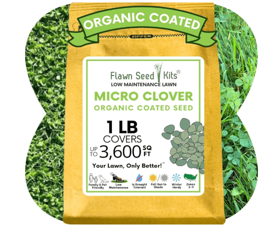 Flawn Seed Kits Micro Clover Seed, 1 Lb, Organic Coated, Eco-Friendly, Low Growing, Low Maintenance, Lawn Alternative, Kraft Zipper Pouch,