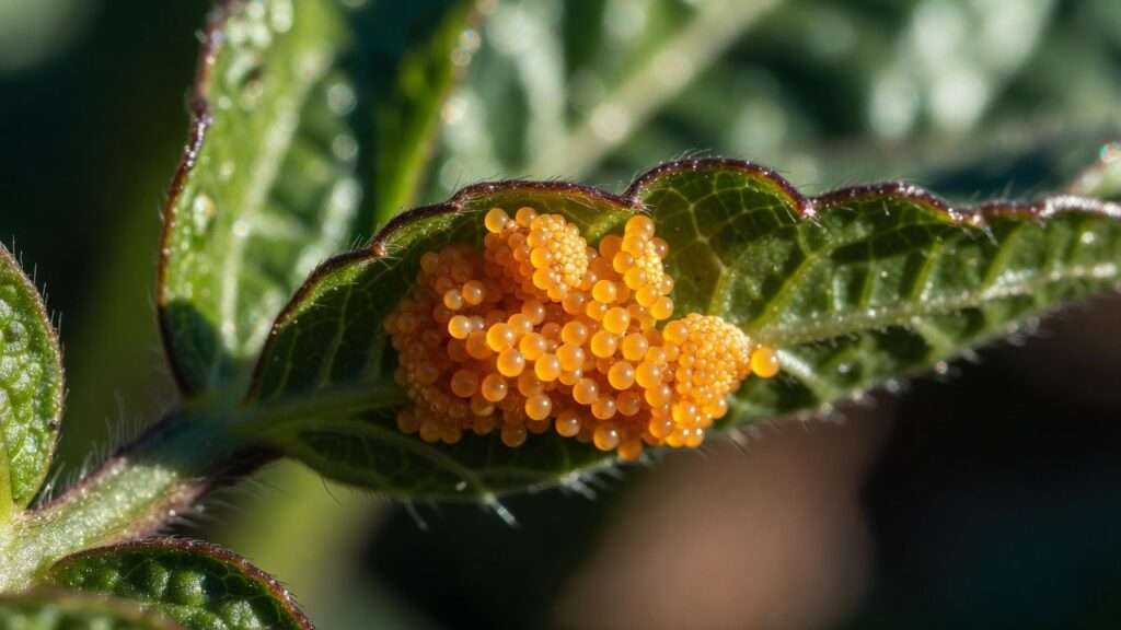 Cluster of bright orange Colorado potato beetle eggs on potato leaf underside, key sign of infestation