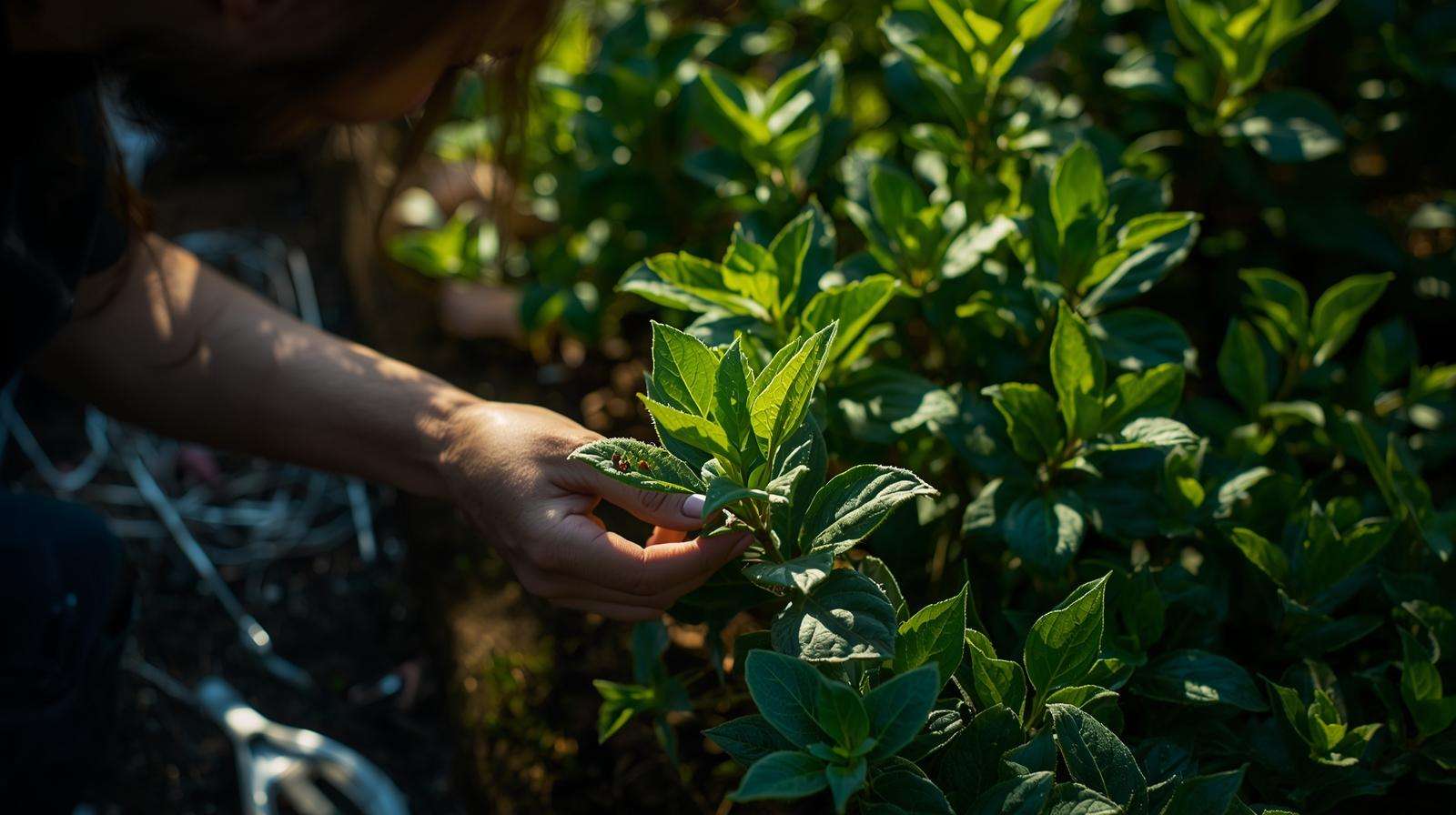 Close inspection for pests illustrating daily gardening habits to prevent disease and maintain plant health.