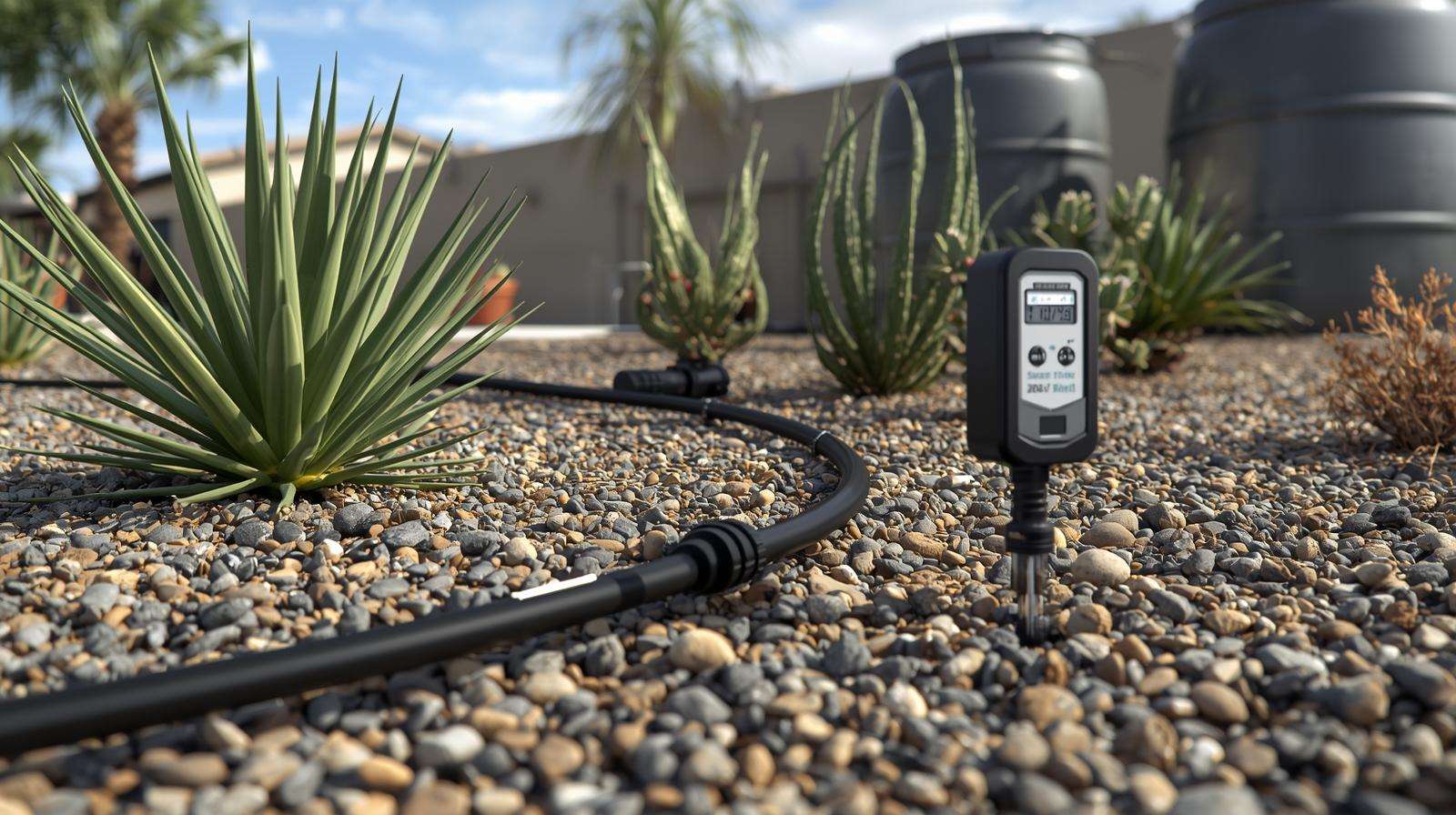 Drip irrigation setup with smart watering for water-saving xeriscape in drought-prone landscapes.
