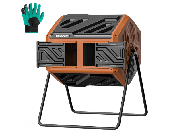 THEGROW'ING Updated 43 Gallon Compost Bin Outdoor, Fast Assemble Tumbling Composter, Dual Chamber Composter Tumbler, Rotating Compost Bin for Outside, Backyard, Garden and Yard, Orange