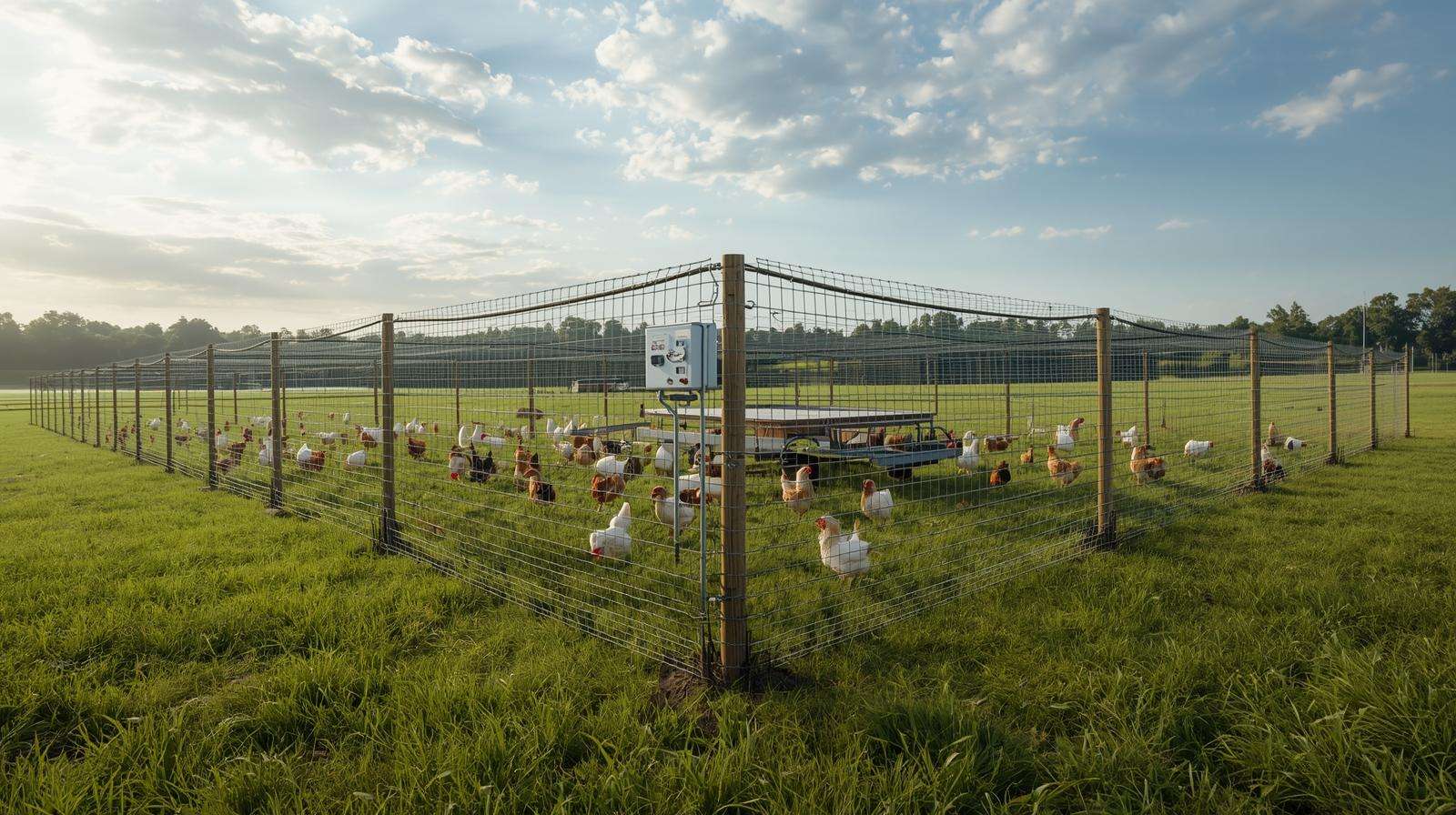 Electric netting setup around chicken tractor – added protection for chicken tractors on pasture