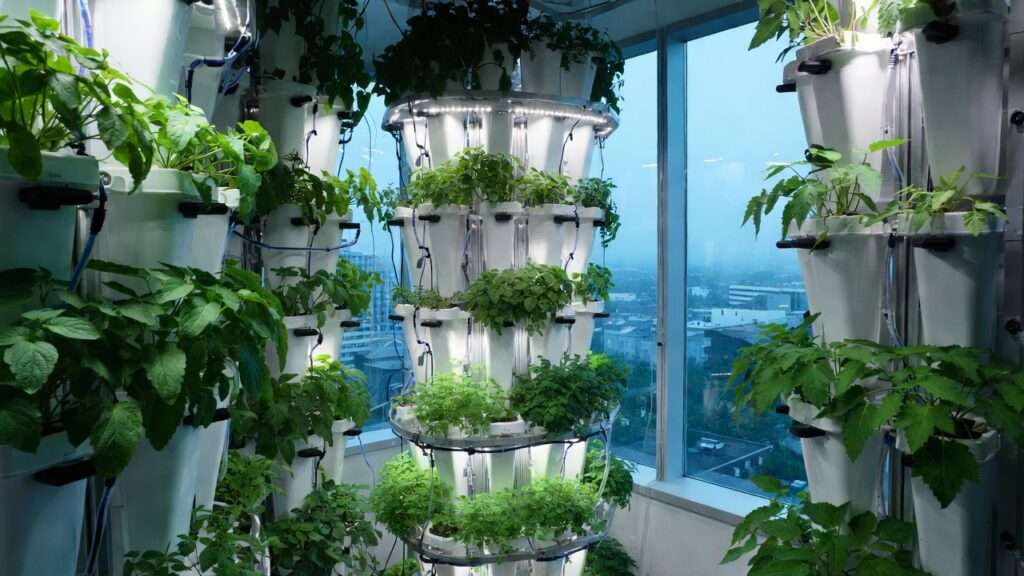 Step-by-step vertical farming tower setup with Mexican oregano and mint under LED lights