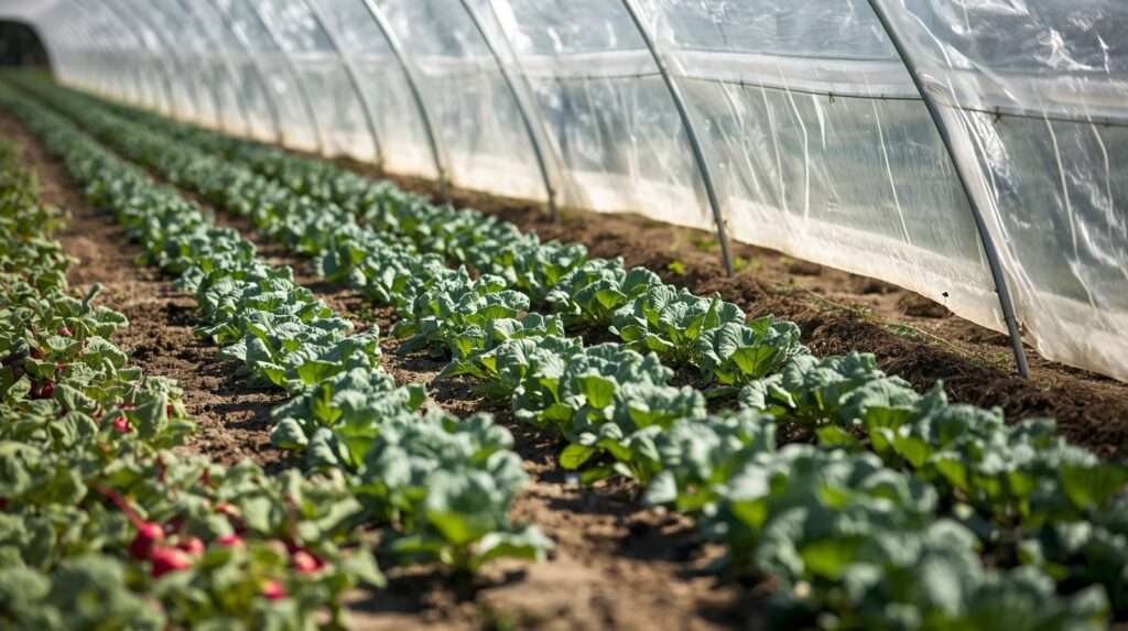 Floating row covers protecting young vegetable plants from flea beetles in organic garden