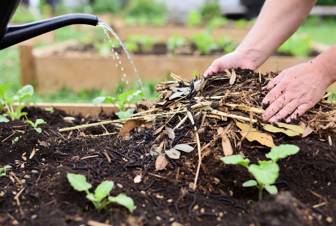 Applying mulch and compost in raised bed to enhance soil biology and support healthy vegetable gardening.