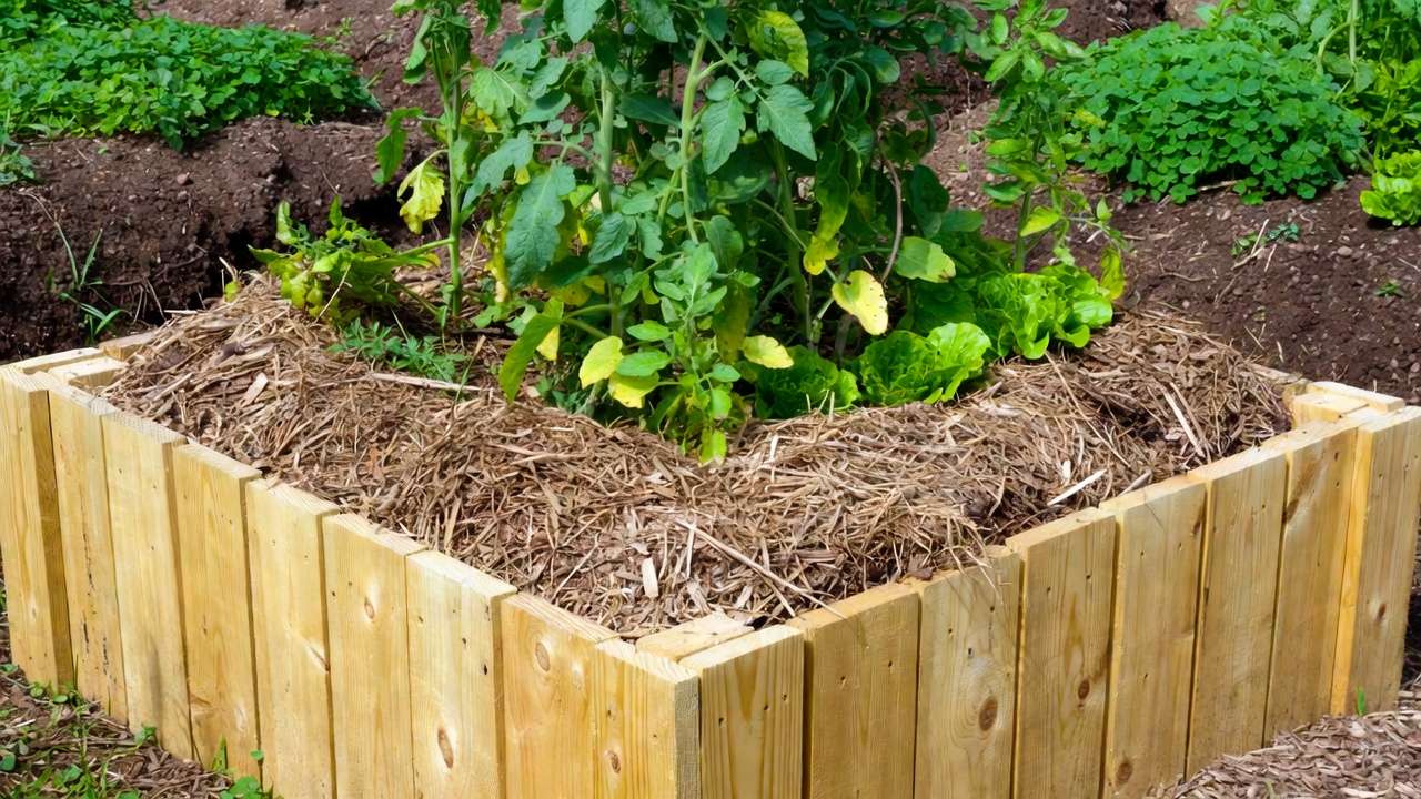 Mulching and cover cropping in raised bed soil for sustainable garden maintenance and fertility.