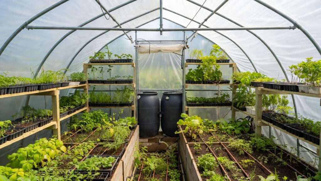 Interior of budget greenhouse with shelving, seed trays, water barrels, and permaculture planting