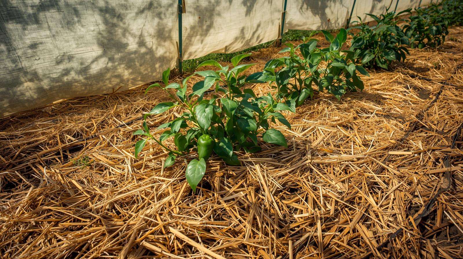 Garden with mulch and shade cloth for preventing heat stress in plants
