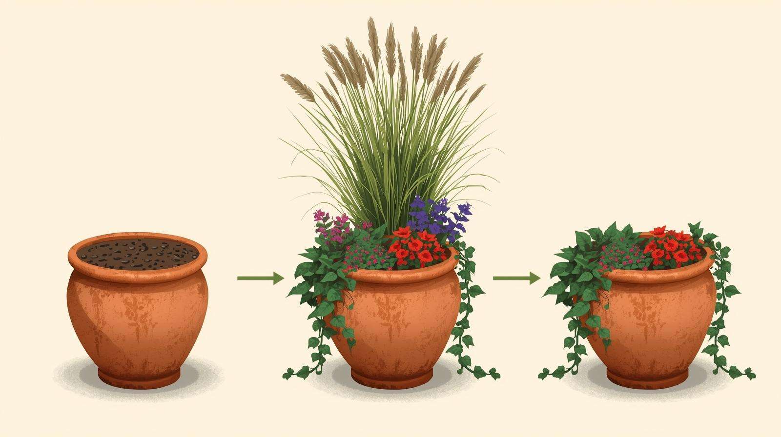 Assembling thriller filler spiller container garden with grass salvia and ivy