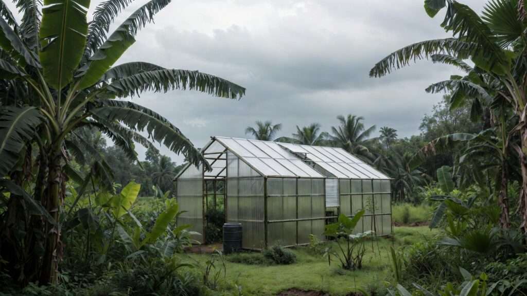 Exterior of beginner permaculture greenhouse in humid Barishal climate with bamboo frame, vents, and integration into tropical garden