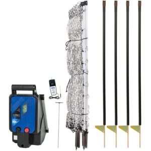 Premier 1 PoultryNet® Plus, 48"H x 100'L Electric Fence Starter Kit | Extra Line Posts to Reduce Sag | Includes: Solar Energizer, FiberTuff™ Support Posts and Tester | White/Black