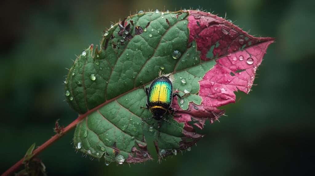 Japanese beetle damage on rose leaf showing skeletonized veins in garden pest problem