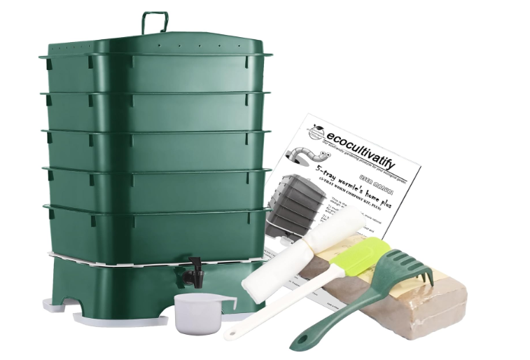5-Tray Worm Compost Bin, Worm Composter for Outdoor & Indoor, 5-Tray ecocultivatify Wormie's Home Plus, Worm Bin Set for Recycling Household Waste (Dark Green)