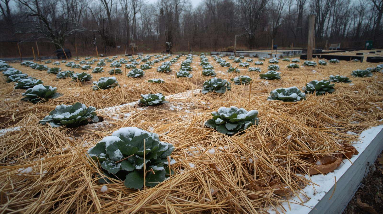 Straw mulch on strawberry raised bed for insulation – key method in helping strawberries survive winter