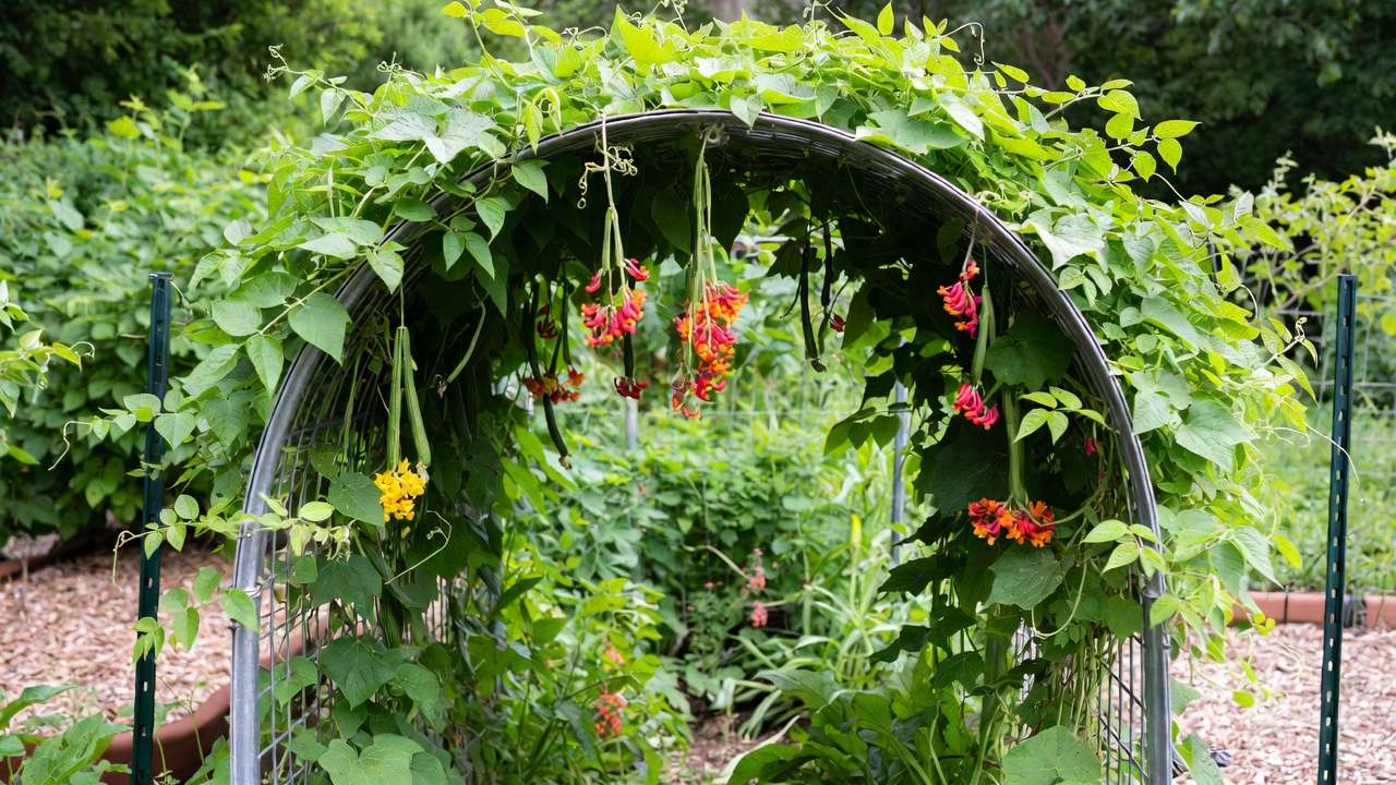 Finished cattle panel garden arch trellis covered in climbing beans and cucumbers creating a shaded walkway