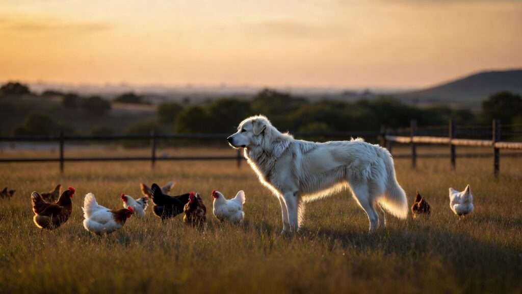 Great Pyrenees livestock guardian dog protecting chicken flock in permaculture homestead against predators