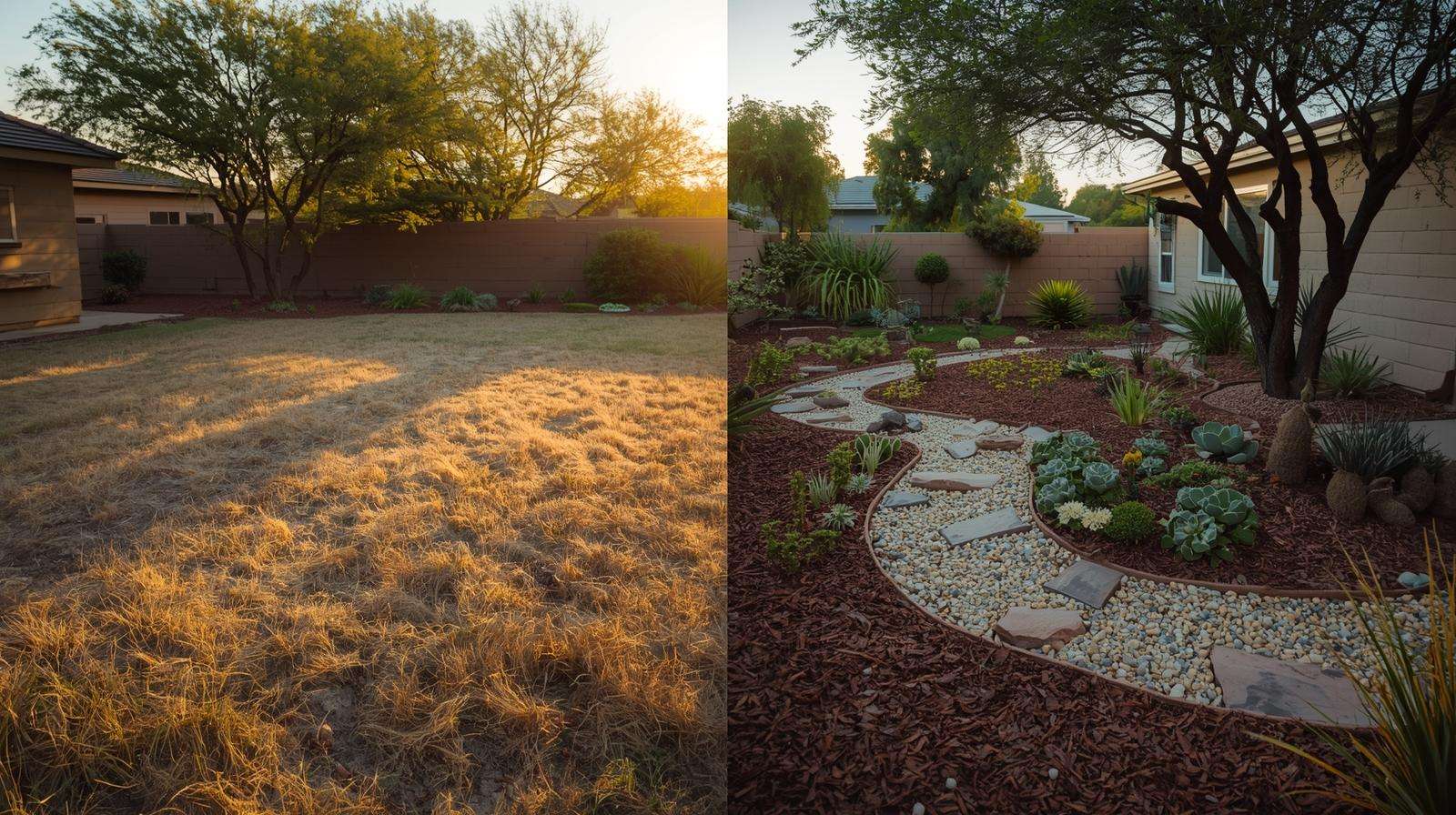 Before-and-after xeriscaping transformation in a water-efficient garden for drought areas.