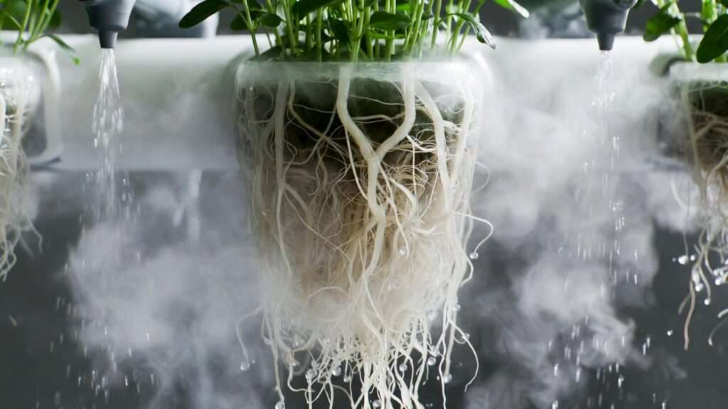 Healthy roots in aeroponic mist system for optimal Mexican herb growth and oxygenation