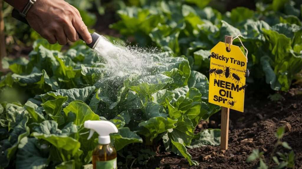 Applying diatomaceous earth and using yellow sticky traps for natural flea beetle control
