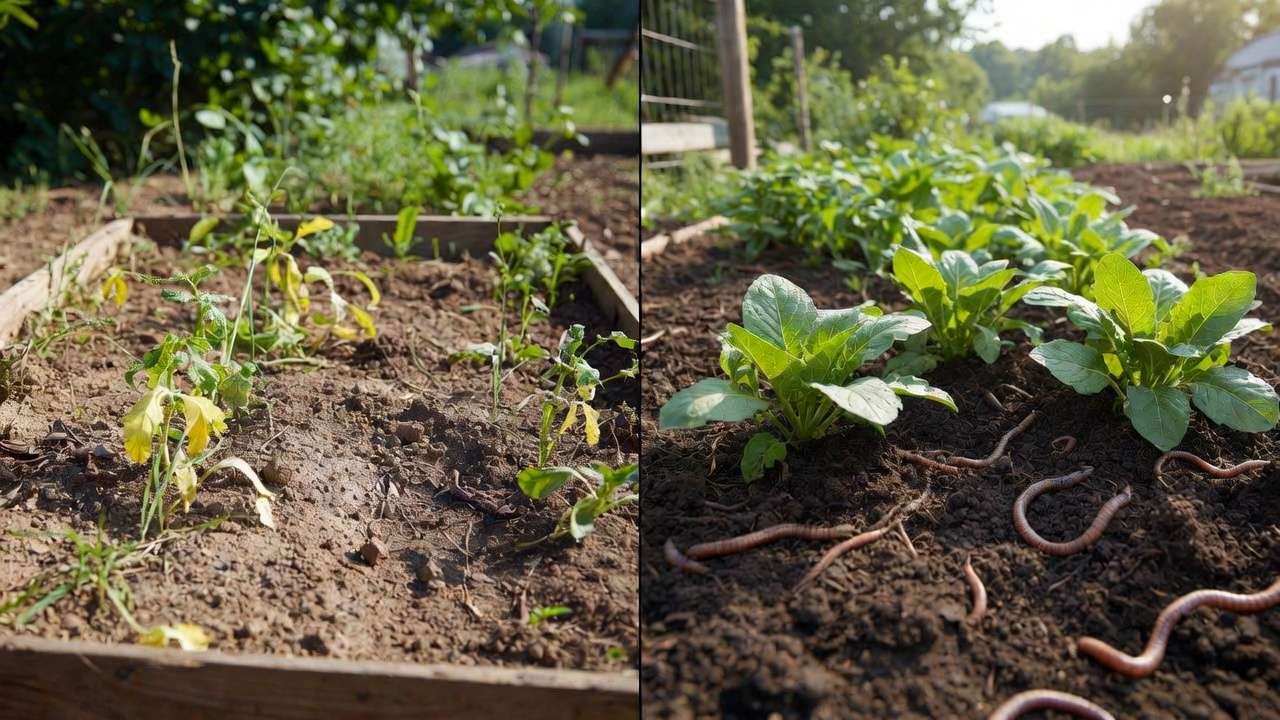 Before and after transformation of raised bed soil life showing improved garden yields and plant health.