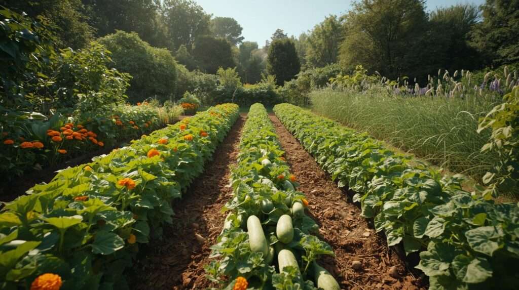 Companion planting with marigolds garlic and catnip protecting vegetables from beetles naturally