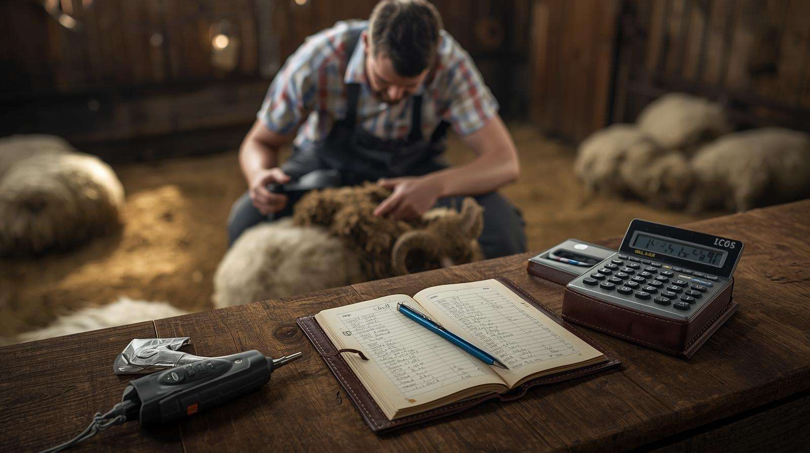 Sheep shearing scene with tools and costs – economics of adding fiber animals