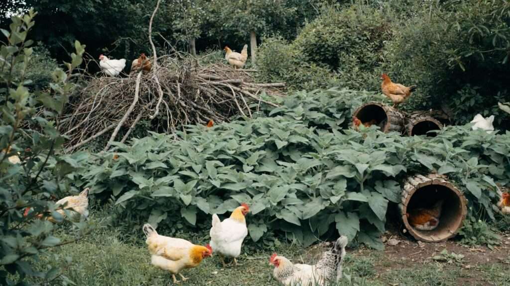 Permaculture habitat safety zone with brush piles and dense cover for chickens escaping coyotes foxes dogs