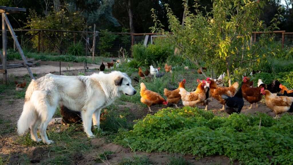 Livestock guardian dog protecting backyard chickens in permaculture system for natural predator deterrence