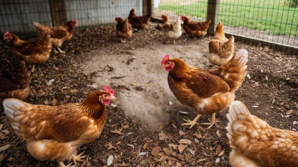Deep litter method in permanent chicken coop run for natural maintenance and healthy hens