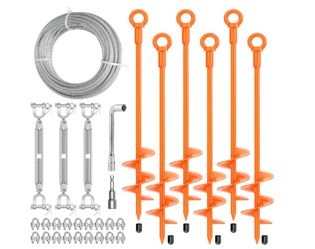 30" Ground Anchors Shed Anchors Kit with 3/16" 75FT Galvanized Cable & M6 304 Stainless Steel Turnbuckles, Heavy Duty Earth Anchors for Sheds Trees Trampoline Greenhouse Swing Set Tent, 6Pack Orange