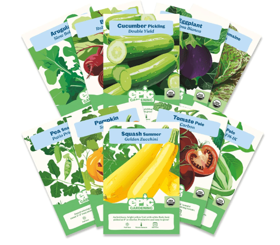Epic Gardening Organic Vegetable Garden Kit - 10 Non-GMO Varieties, Includes Tomatoes, Squash, Pumpkins, Beans & More, Perfect for Raised Beds, Backyard Gardening & Fresh, Delicious Homegrown Meals