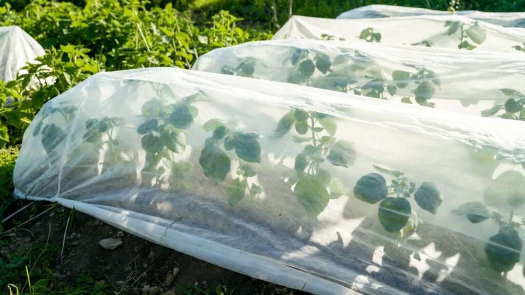 Floating row covers protecting potato plants from Colorado potato beetles in organic garden.