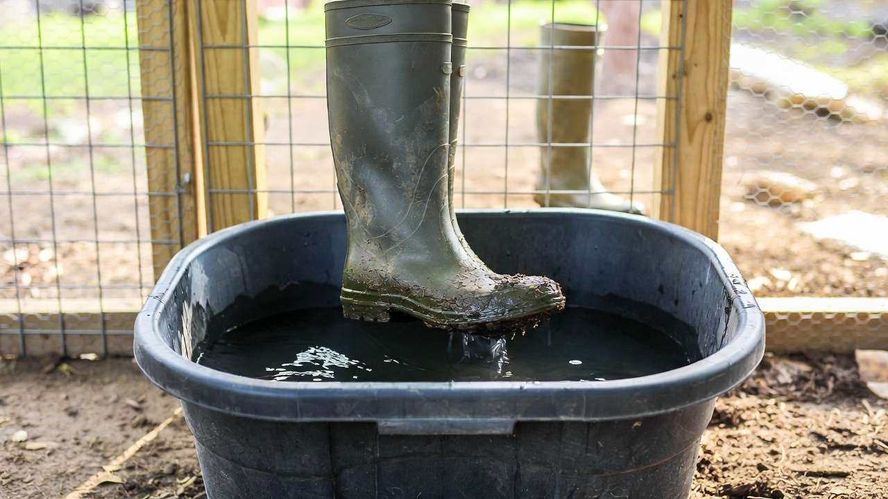 Footbath disinfection station for boots at poultry coop entrance to prevent avian flu spread.