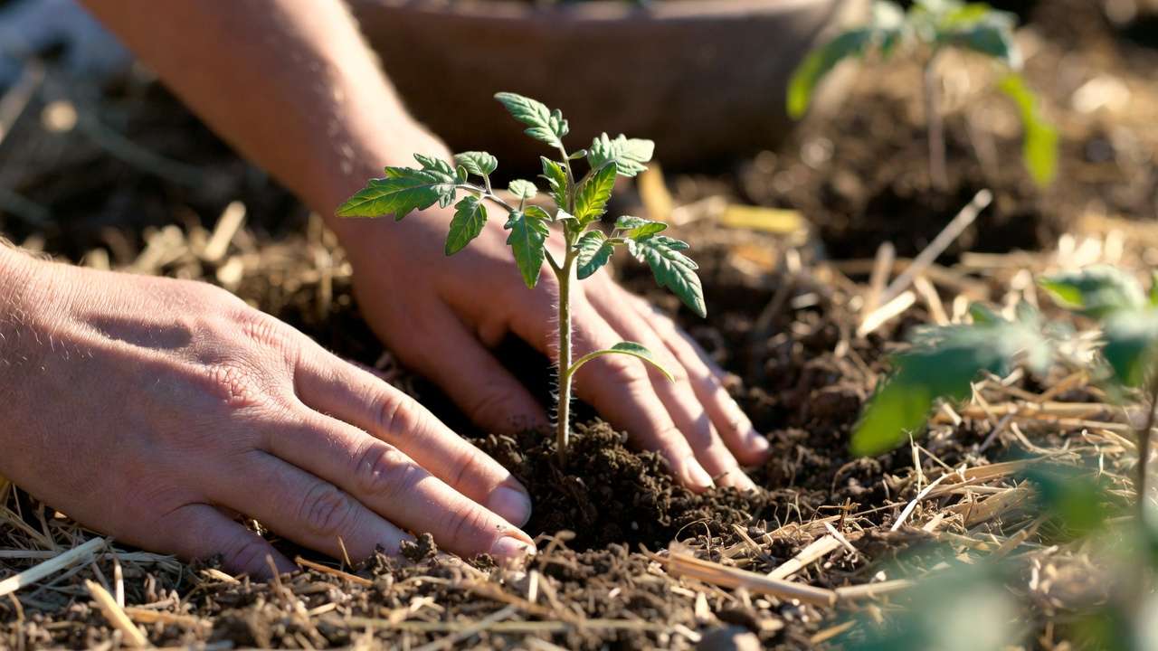 Planting cherry tomato seedling deep stem burial technique for beginners