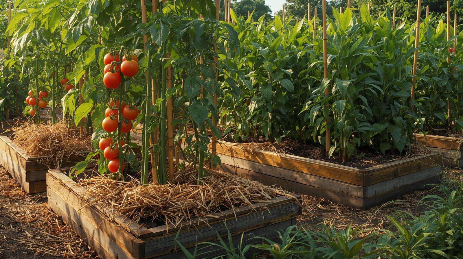 Healthy raised bed vegetable garden with properly spaced tomatoes and mulch in tropical climate