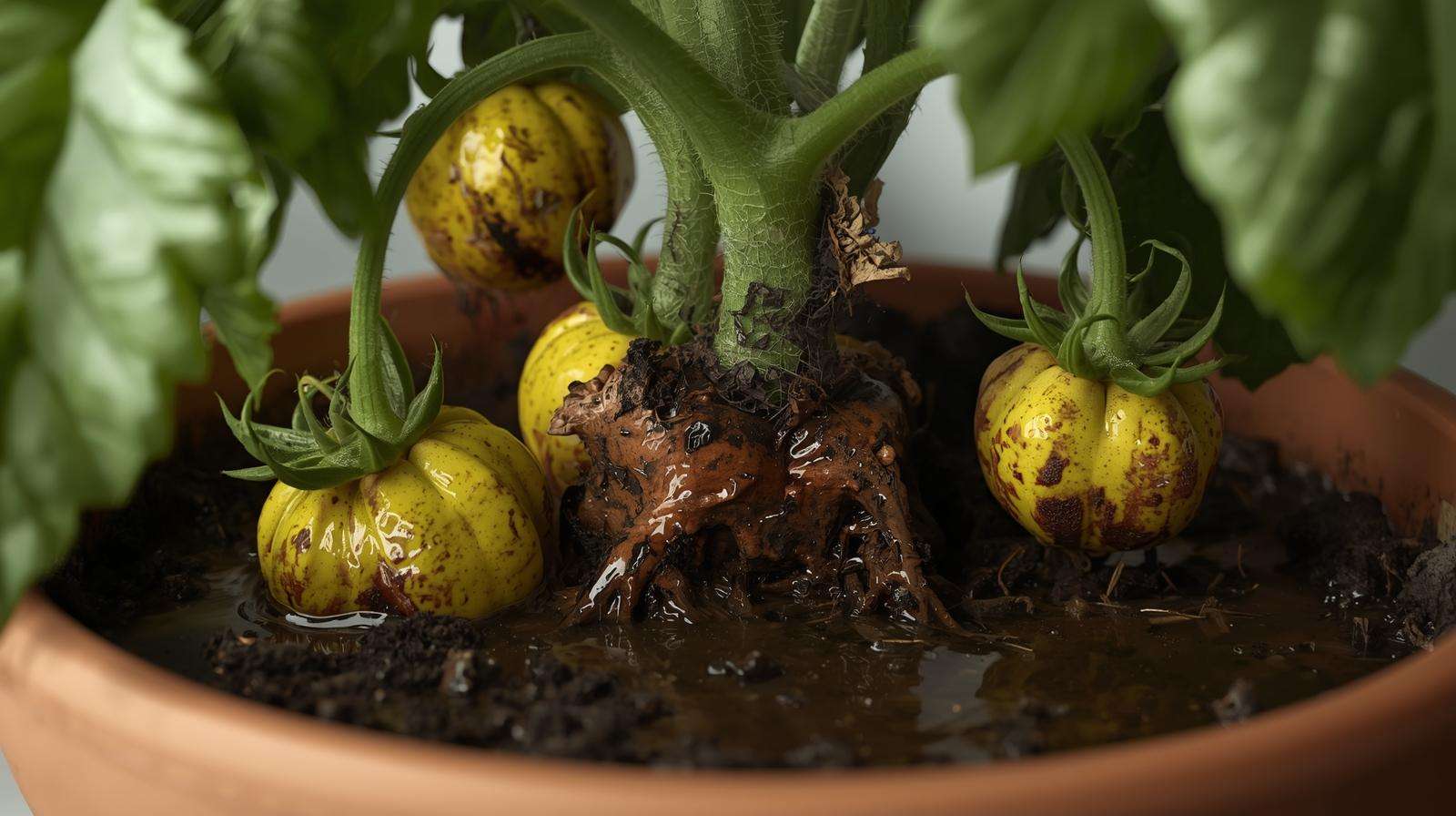 Overwatered tomato plant showing yellow leaves and root rot symptoms in garden soil