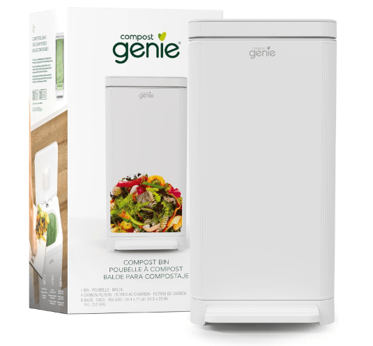 Kitchen Compost Bin, White Stainless-Steel Large, 3.6 Gallon, Indoor Odorless Composting, Hands-Free, Washable Parts, Includes 8 Tear-Off Compostable Bags and 4 Carbon Filters