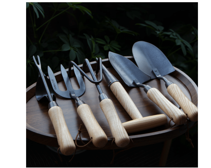 Japanese Gardening Tools Set, 6 Pcs Garden Tools Set, Black Painted Stainless Steel Heavy Duty Gardening Tools Kit, Hand Trowel, Dibble, Hand Rake, Weeder, Transplanter and Hand Folk