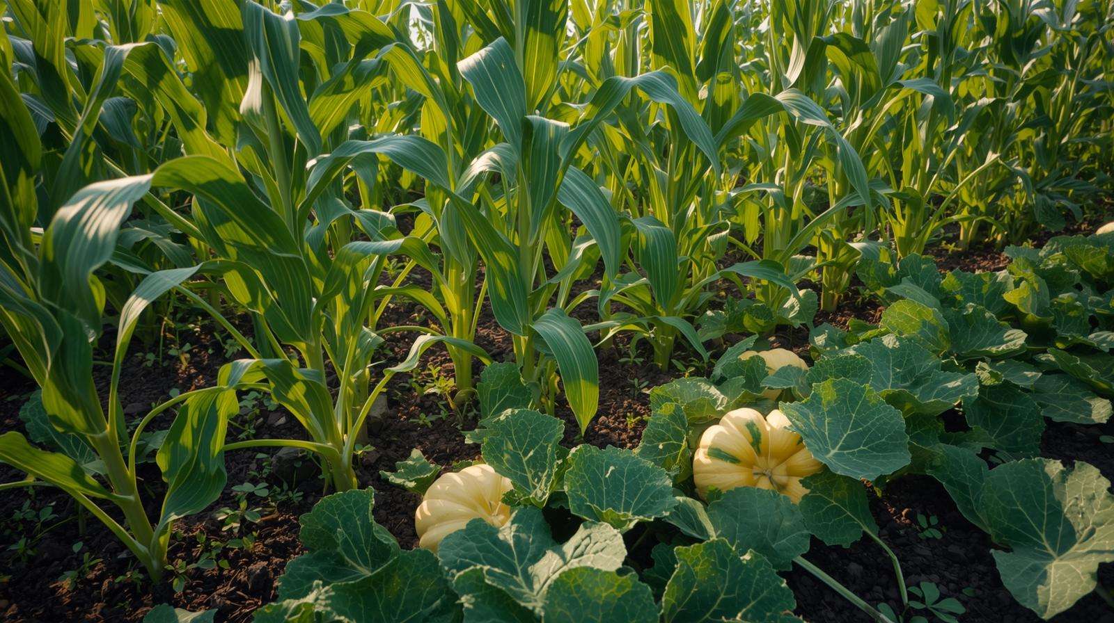 Three Sisters companion planting for practical crop ideas on US homesteads showing corn, beans, and squash growing together
